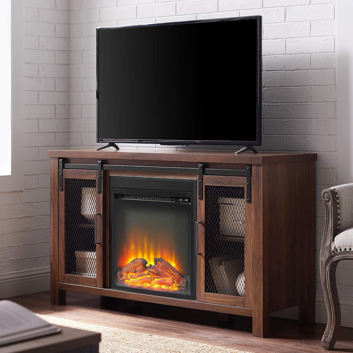 Rustic Oak Sliding Barn Door TV Stand Storage Cabinet T694