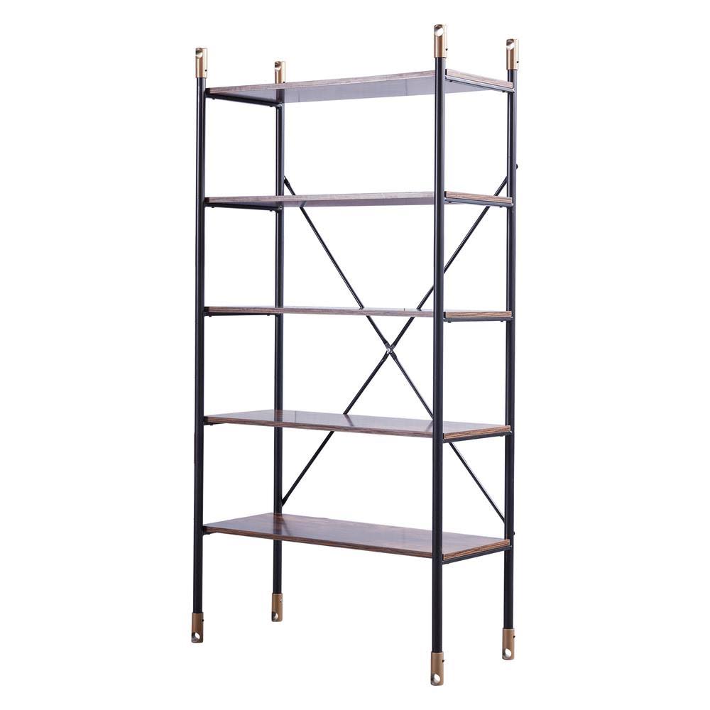 Brown Wood 5-Shelf Standard Bookcase with Metal Frame B95032
