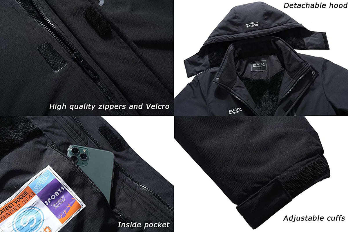 Men's Fleece Lined Winter Jacket Water Repellent Windbreaker Outdoor Warm Snow Coat with Detachable Hood C4821