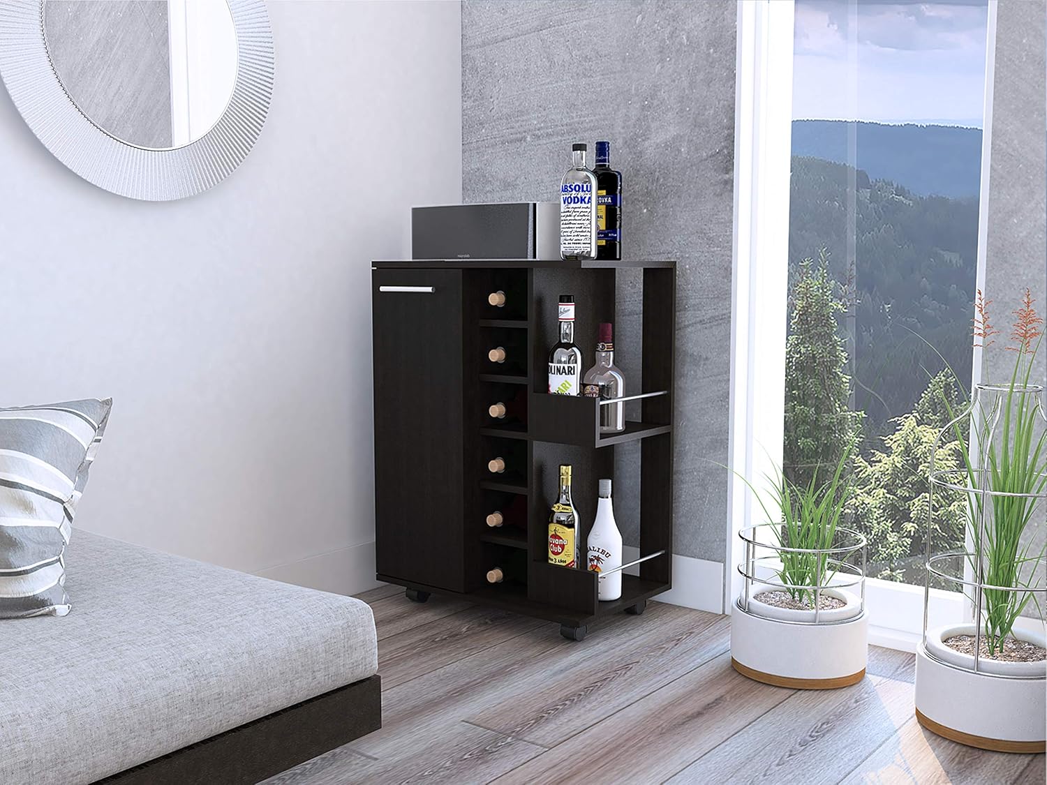 Espresso Bar Cart Cabinet with 6-Cubbies and 2-Shelves V45342