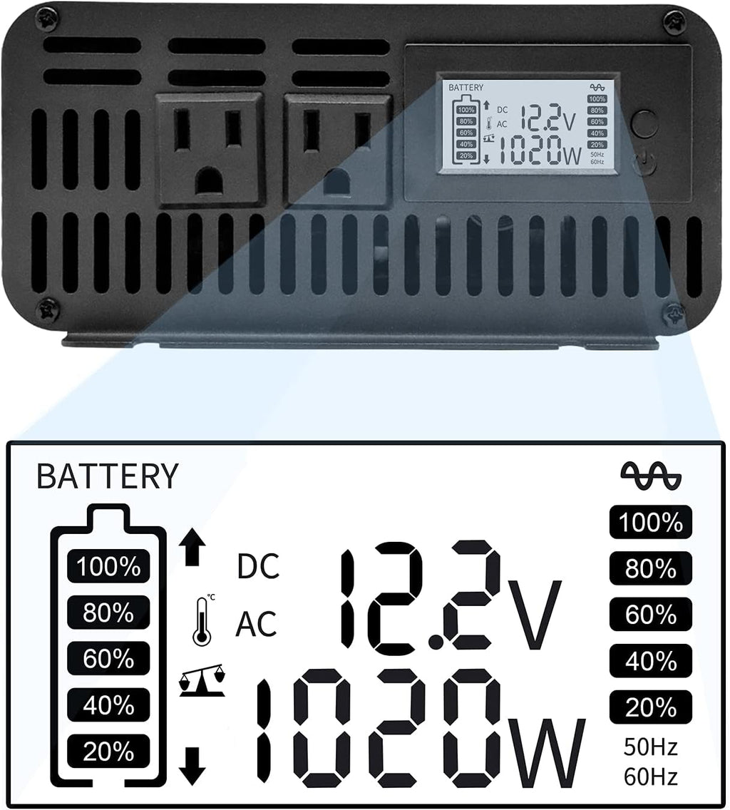 1000W Pure Sine Wave Power Inverter DC 12V to 110V AC with Remote Control and LCD Display F268362