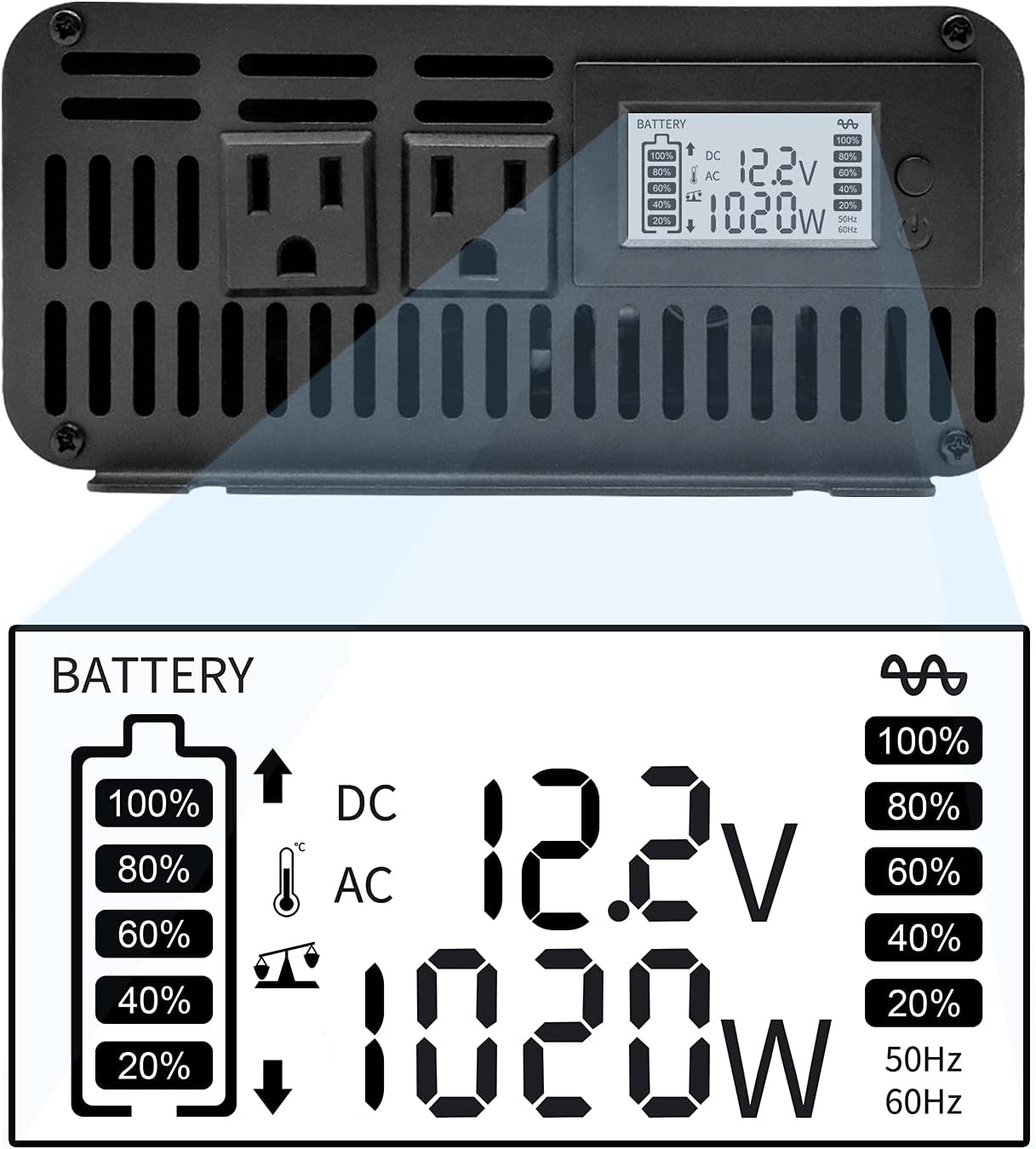 1000W Pure Sine Wave Power Inverter DC 12V to 110V AC with Remote Control and LCD Display F268362