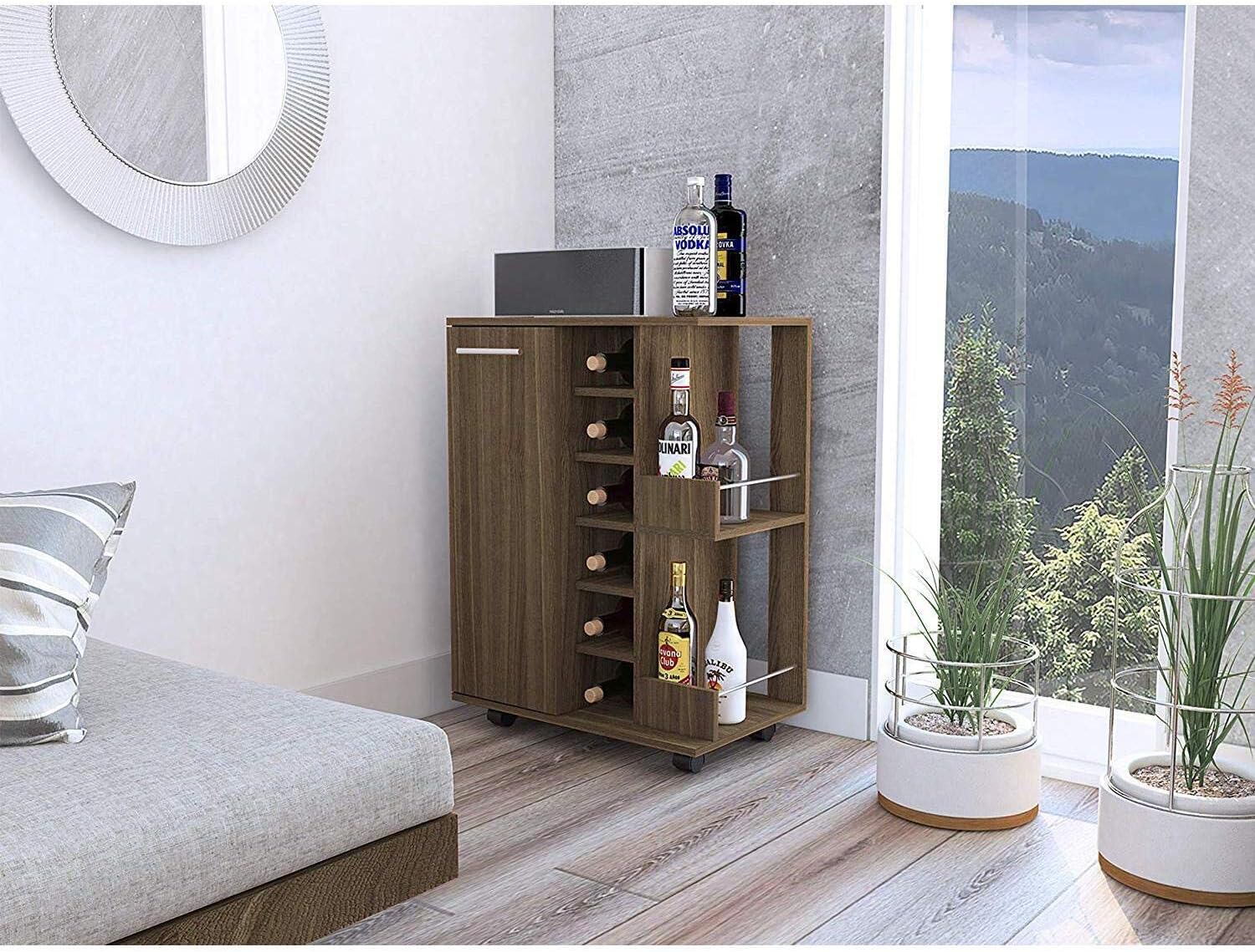 Espresso Bar Cart Cabinet with 6-Cubbies and 2-Shelves V45342
