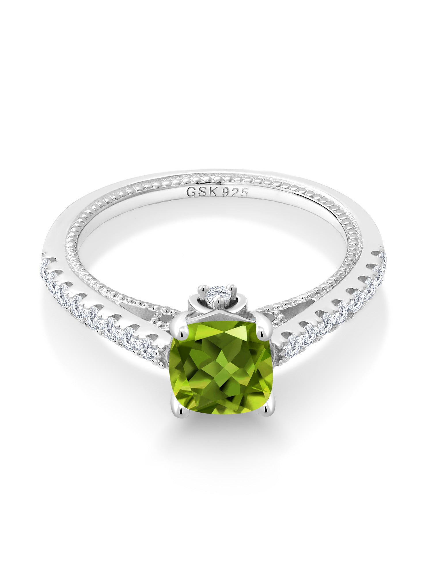 925 Sterling Silver Green Peridot and White Created Sapphire Engagement Ring F240539