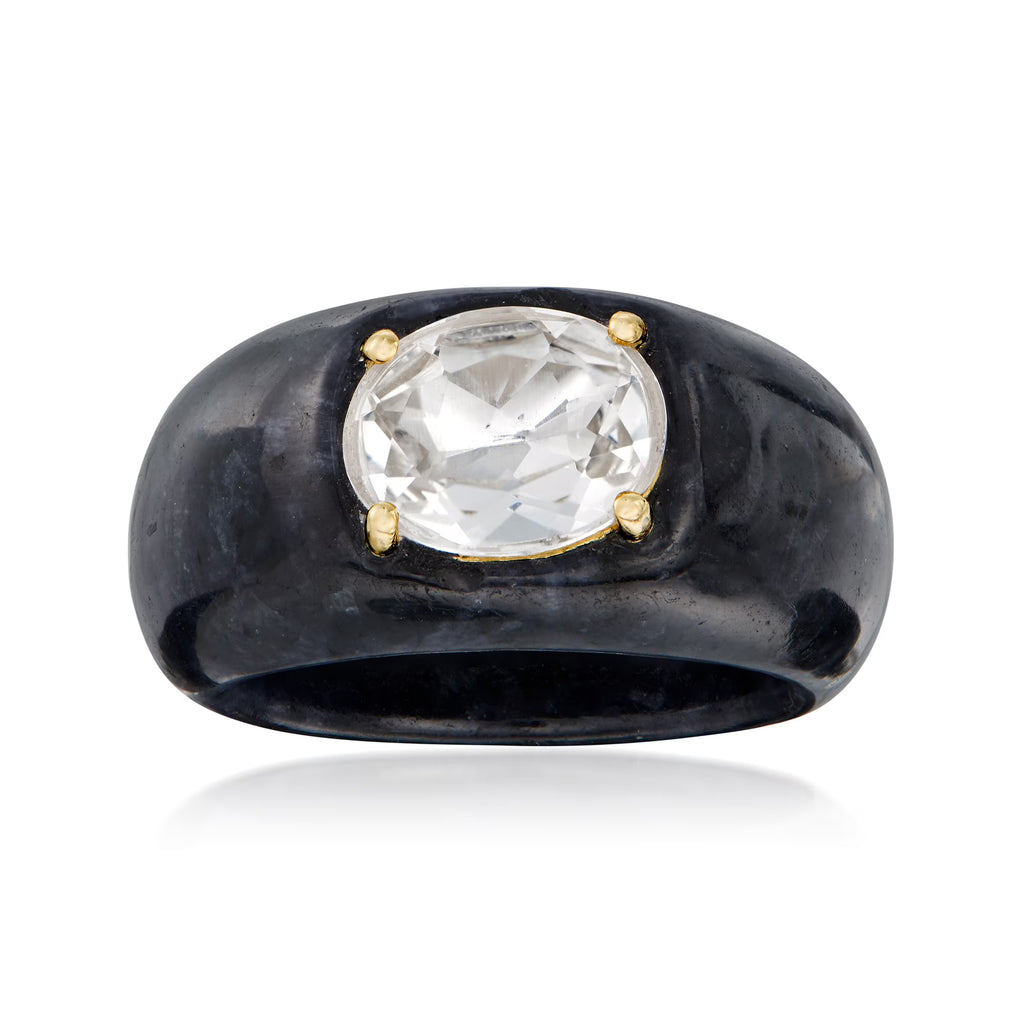 Black Jade and White Topaz Ring With 14kt Yellow Gold K2905