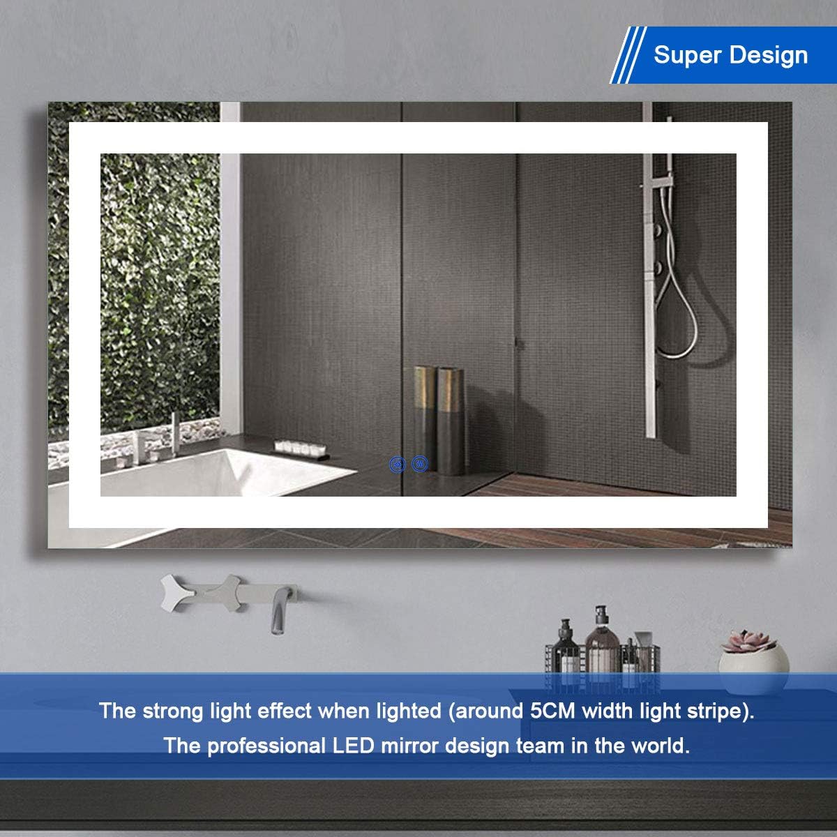 60 x 36 Inch Illuminated LED Bathroom Mirror with Smart Button, Anti Fog, Dimmable, Bluetooth Speakers V453047