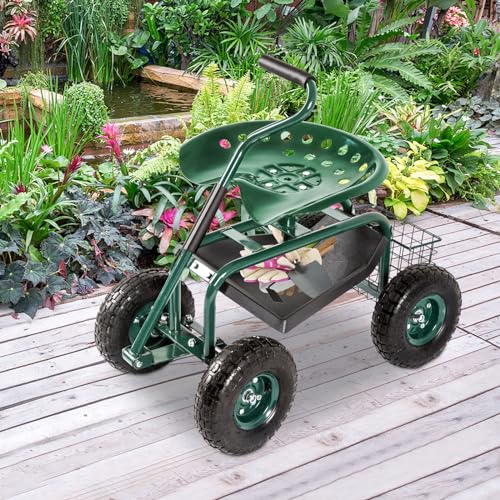 Blue Garden Cart with Rolling Work Seat Tool Tray and Storage Basket on Wheels E480100