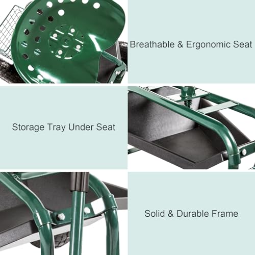 Blue Garden Cart with Rolling Work Seat Tool Tray and Storage Basket on Wheels E480100