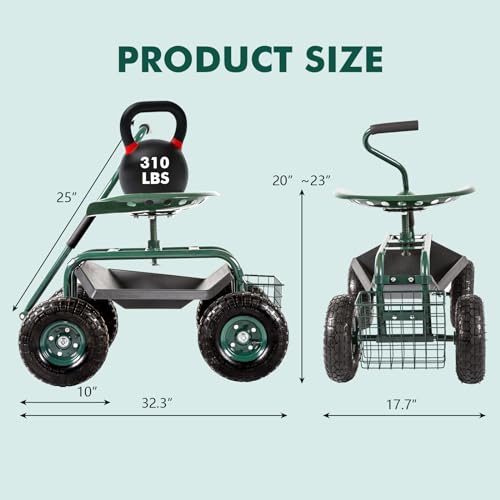 Blue Garden Cart with Rolling Work Seat Tool Tray and Storage Basket on Wheels E480100