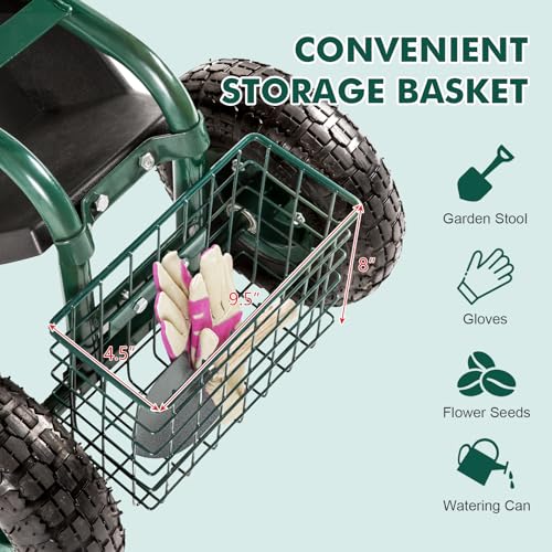 Blue Garden Cart with Rolling Work Seat Tool Tray and Storage Basket on Wheels E480100