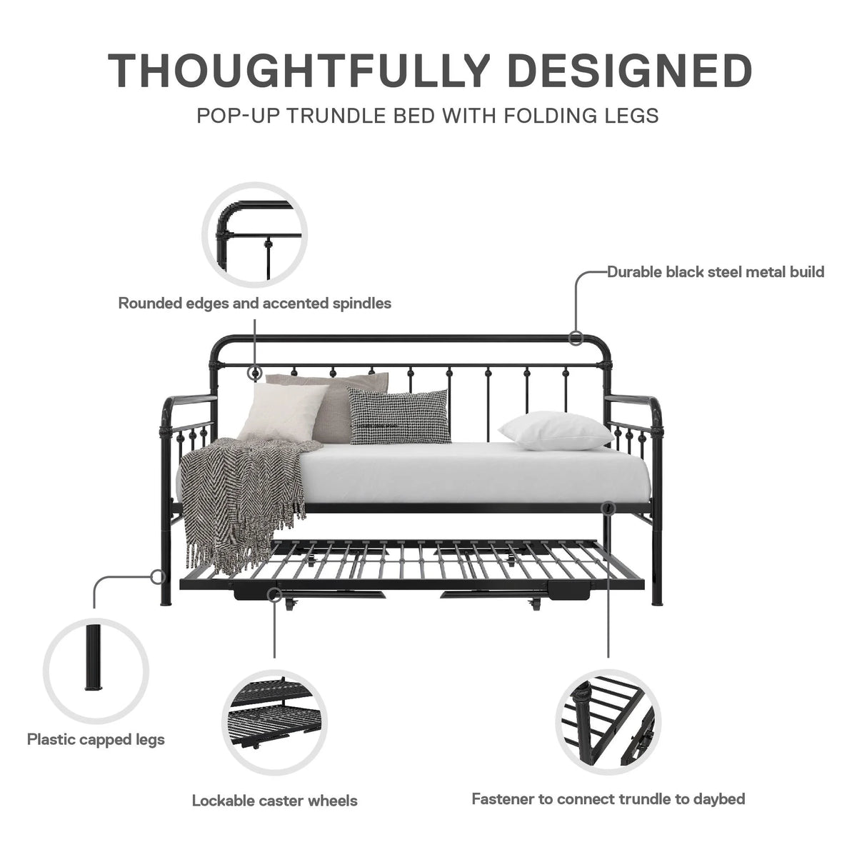 Twin Black Metal Daybed with Pop Up Trundle Bed A734
