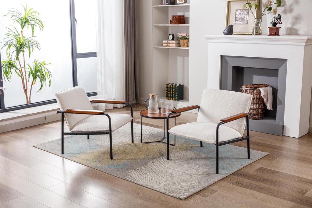 White Sherpa Armchair with Wooden Armrests and Metal Legs A526070