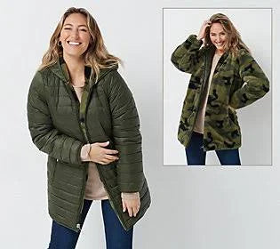 Reversible Faux Fur and Water Resistant Jacket, Size 3X, Olive/Camo H540756
