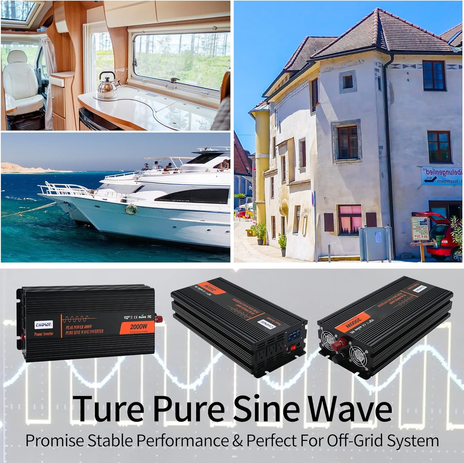2000W Pure Sine Wave Power Inverter DC 12V to AC 120V with LCD Display Remote Control USB Port C3086