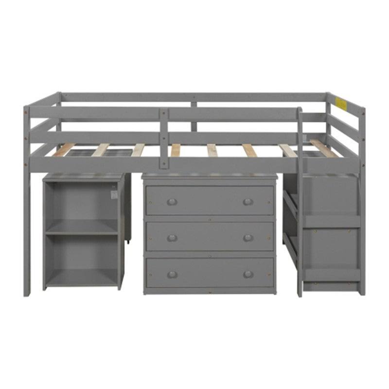 Gray Twin Size Wooden Loft Bed with Rolling Desk and Cabinet C59307
