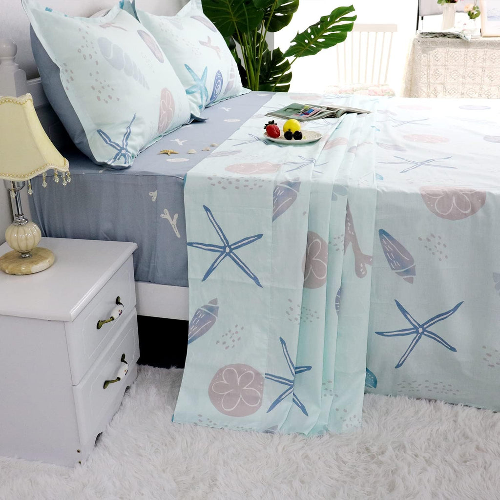 White Printed Cotton Bed Sheets, 4 Pcs, Full D211385