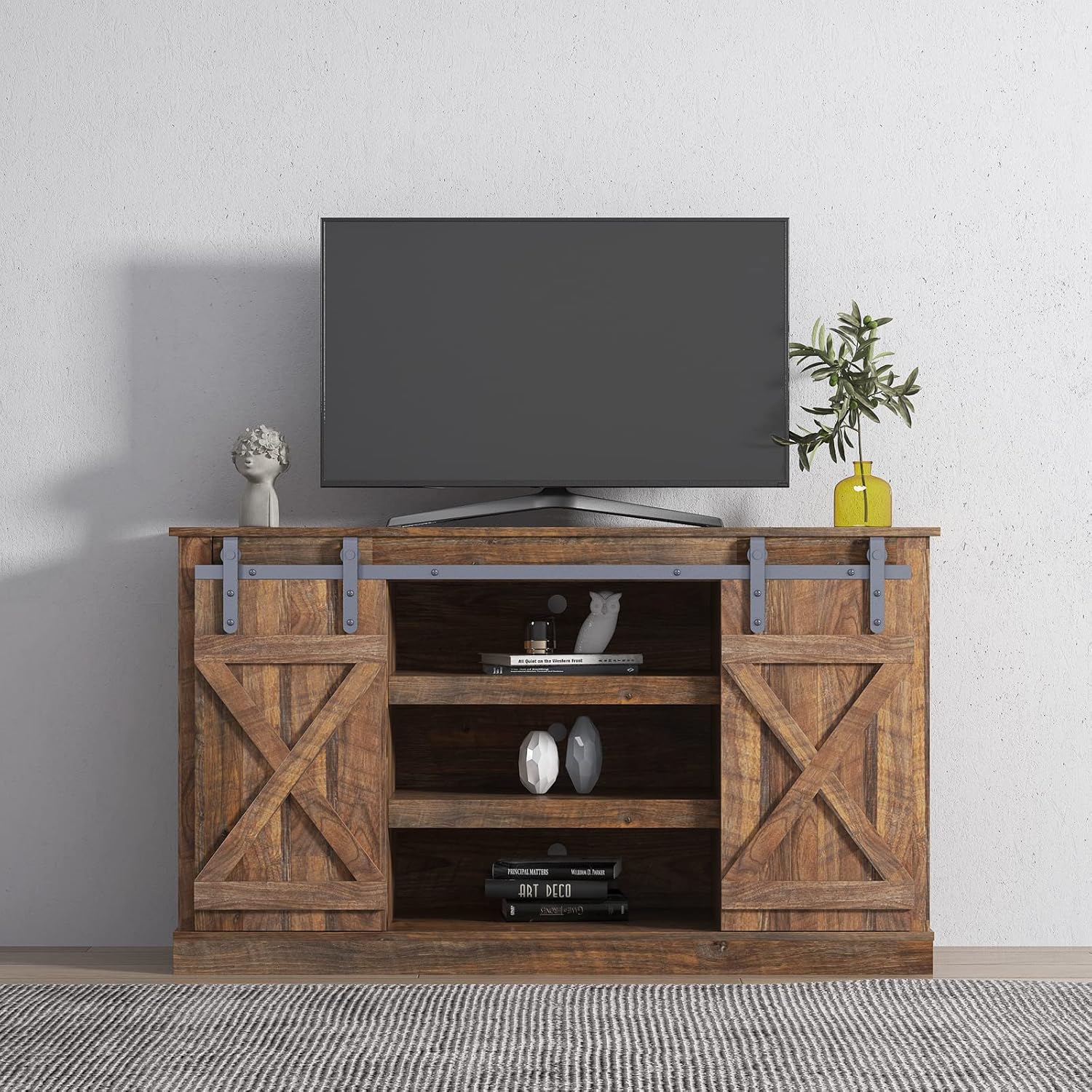 Farmhouse TV Stand with Sliding Barn Door and Storage Cabinet C13828