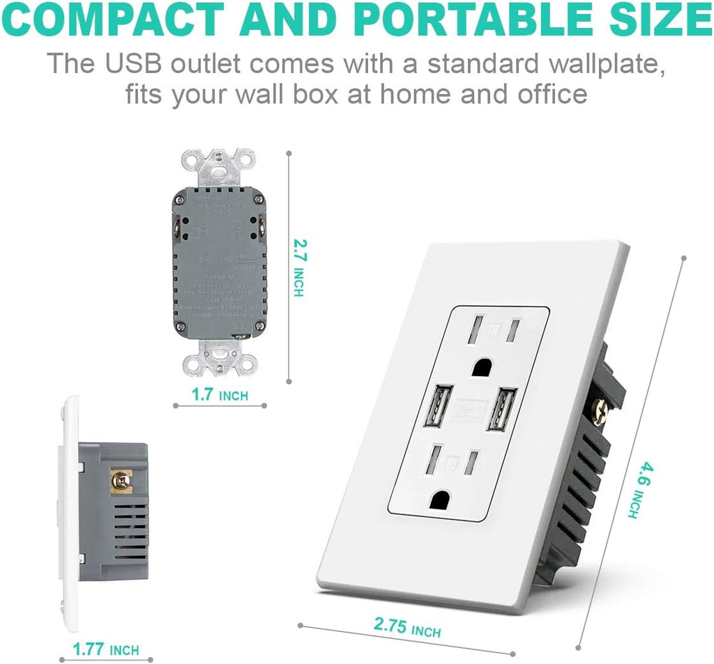 White 4.8A USB Outlet Duplex Receptacle 15 Amp, Pack of 2 H6136