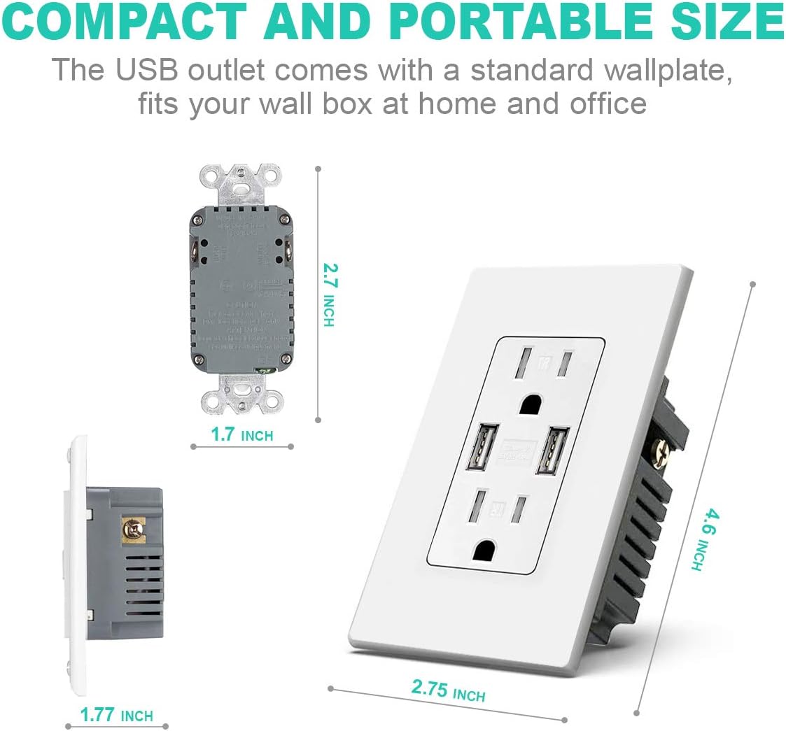 White 4.8A USB Outlet Duplex Receptacle 15 Amp, Pack of 2 H6136
