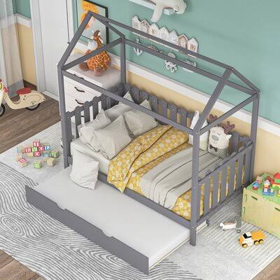 Gray Twin House Bed with Trundle T4714