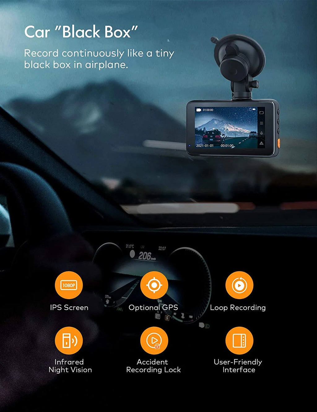 1080P Dash Cam with 170° Wide Angle, Black L307746