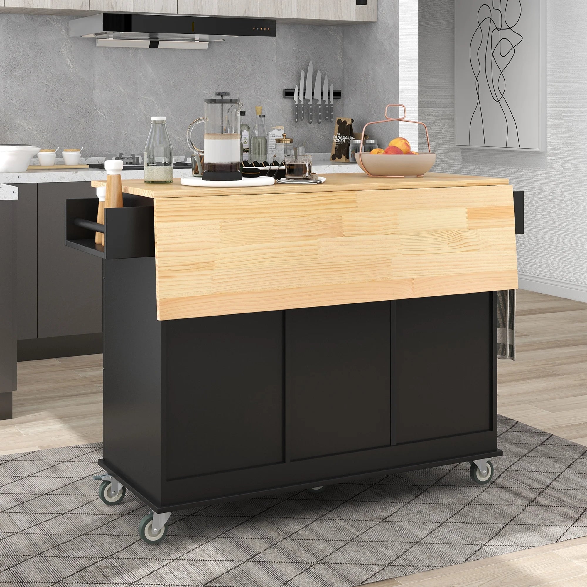 White Dining Island Cart with 2 Lockable Wheels and Drop-Leaf Tabletop G151611