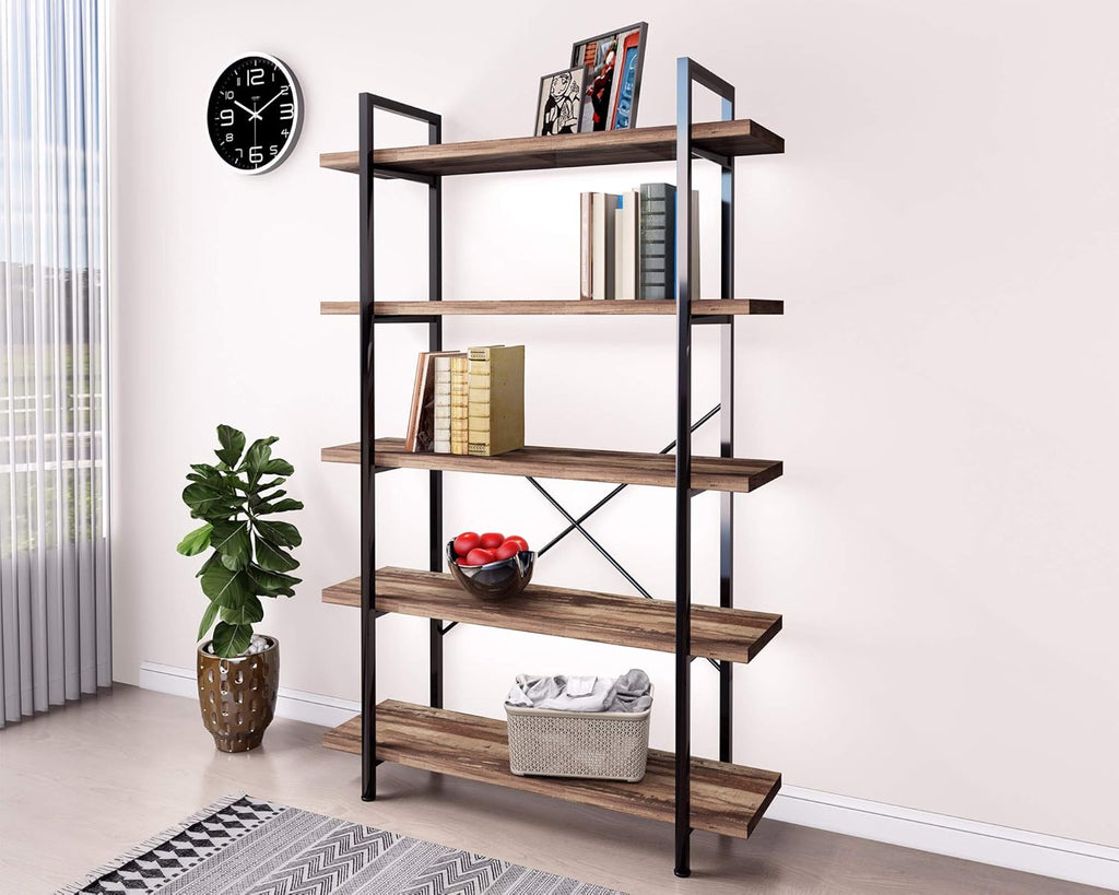 5-Tier Vintage Brown Metal and Wood Bookshelf X71077
