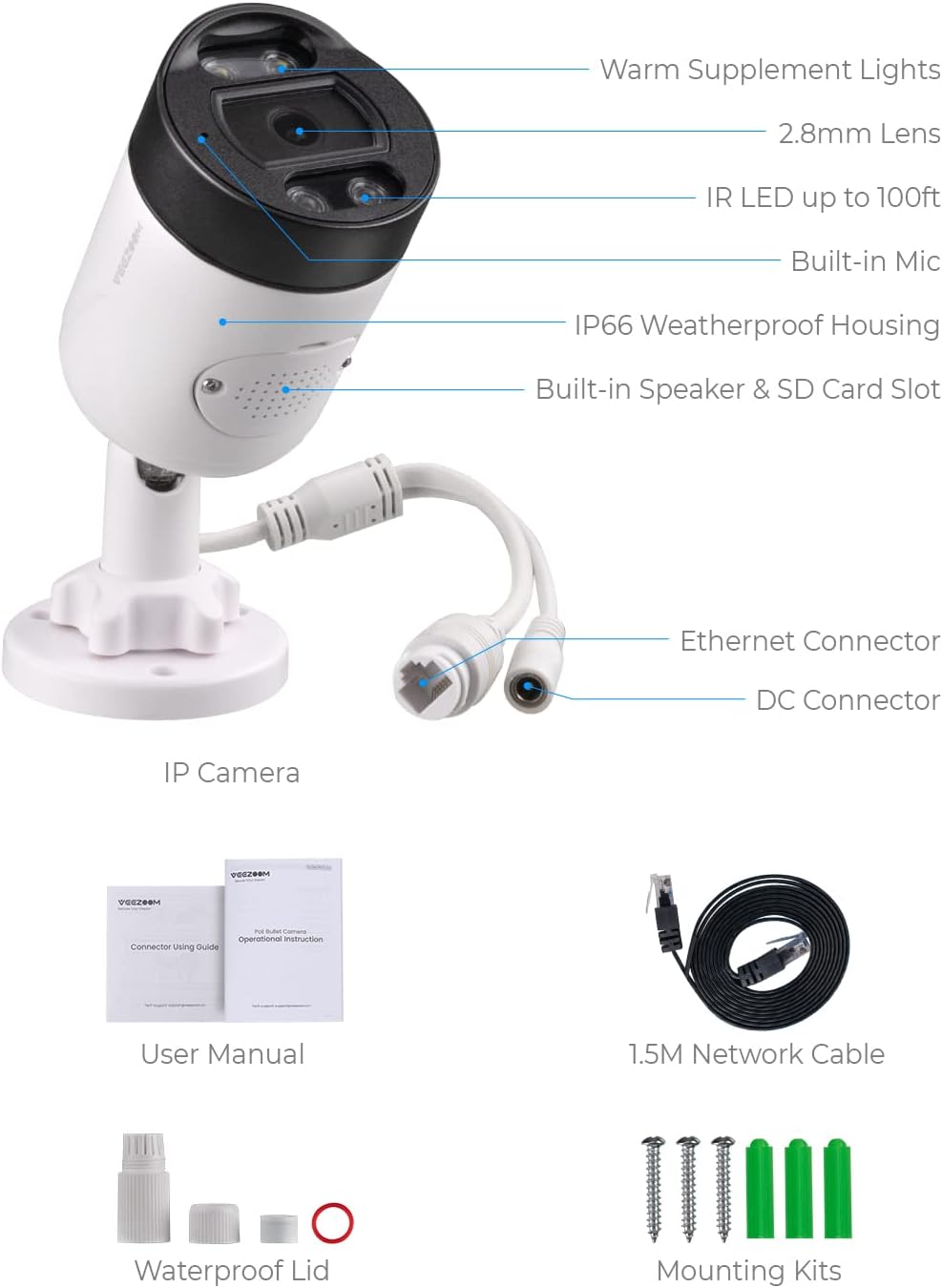 5MP PoE IP Camera with Two-Way Audio, Full-Color Night Vision, AI Human Detection, IP66 Weatherproof Z366
