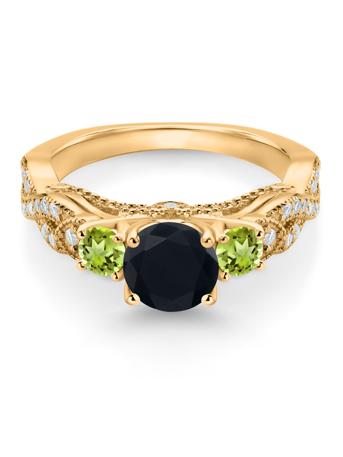 18K Yellow Gold Plated Silver Black Onyx Green Peridot White Moissanite Engagement Ring W678
