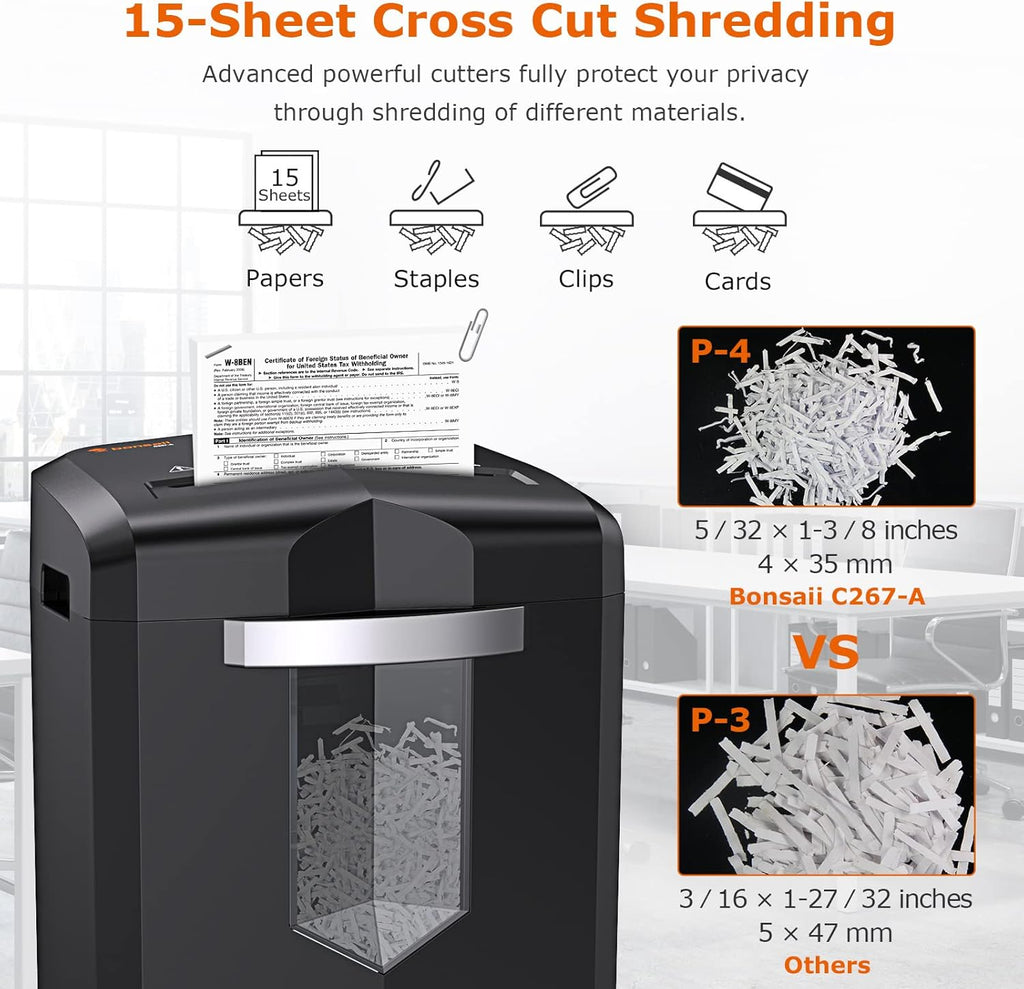 15 Sheet Cross Cut Paper Shredder with 4 Casters, 5.3 Gal Transparent Bin J377