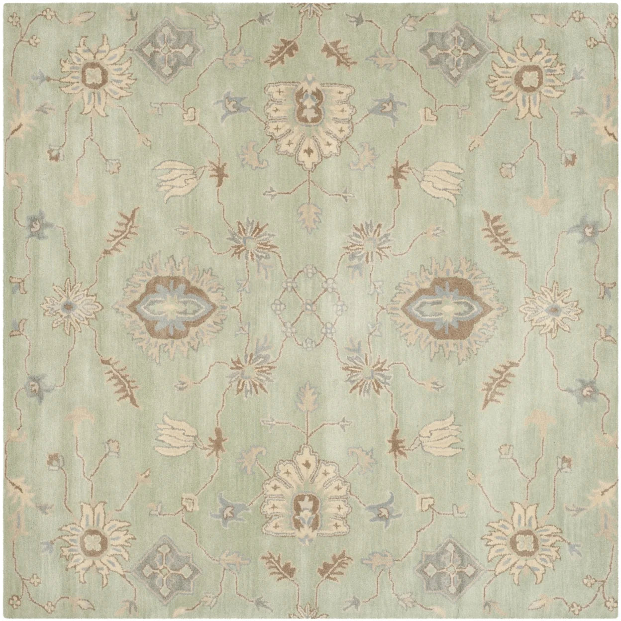 Floral Wool Area Rug, Light Green, 7' x 7' Square J327274