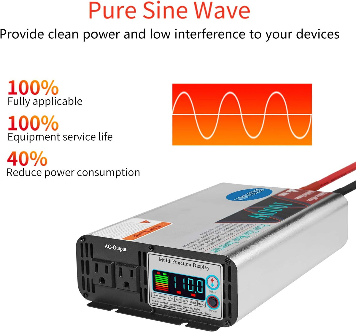 1000W Pure Sine Wave Power Inverter 12V DC to 110V AC with LCD Display 2 AC Outlets E745684