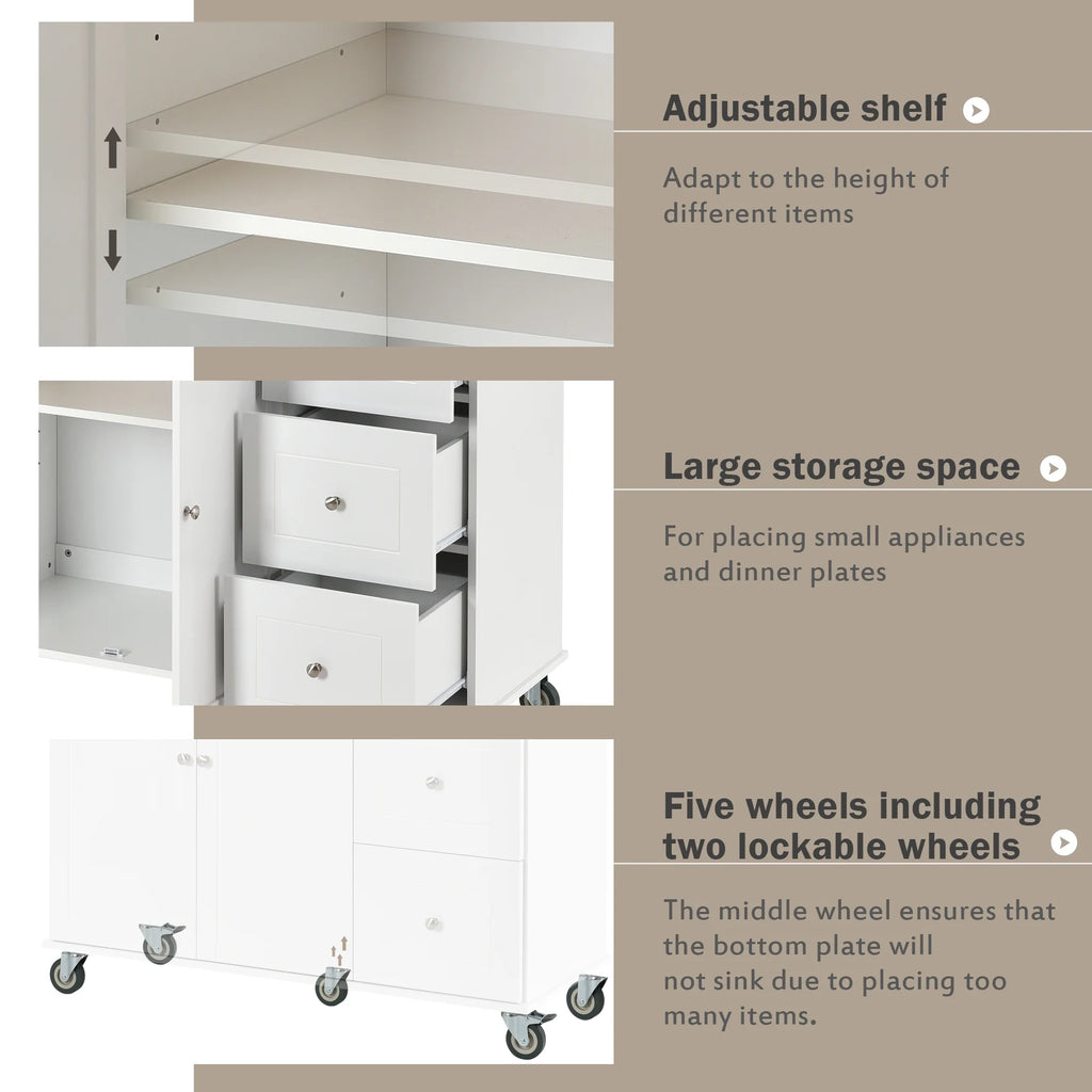 White Dining Island Cart with 2 Lockable Wheels and Drop-Leaf Tabletop G151611