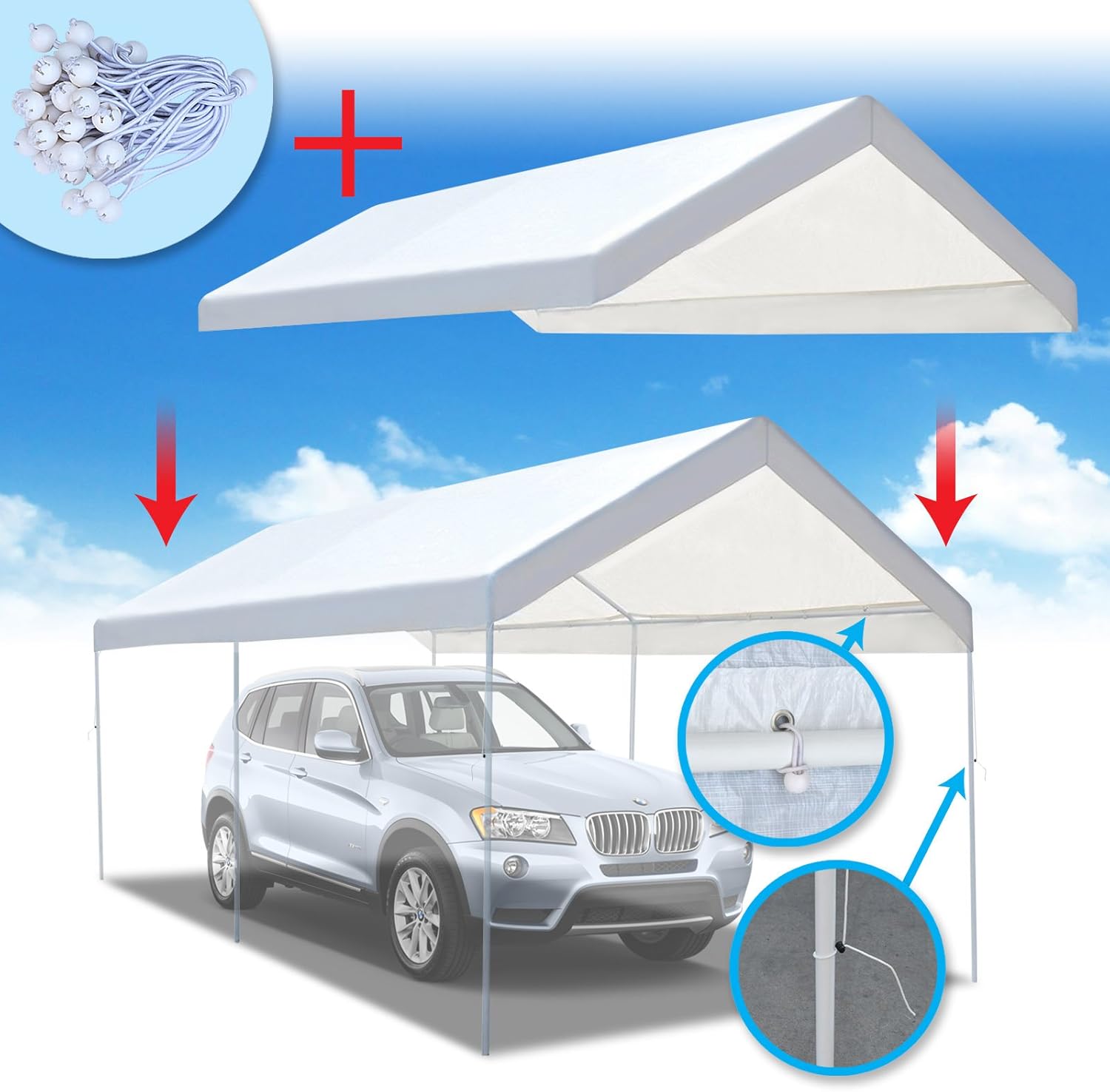 10'x20' Carport Replacement Canopy Cover with Ball Bungees F529