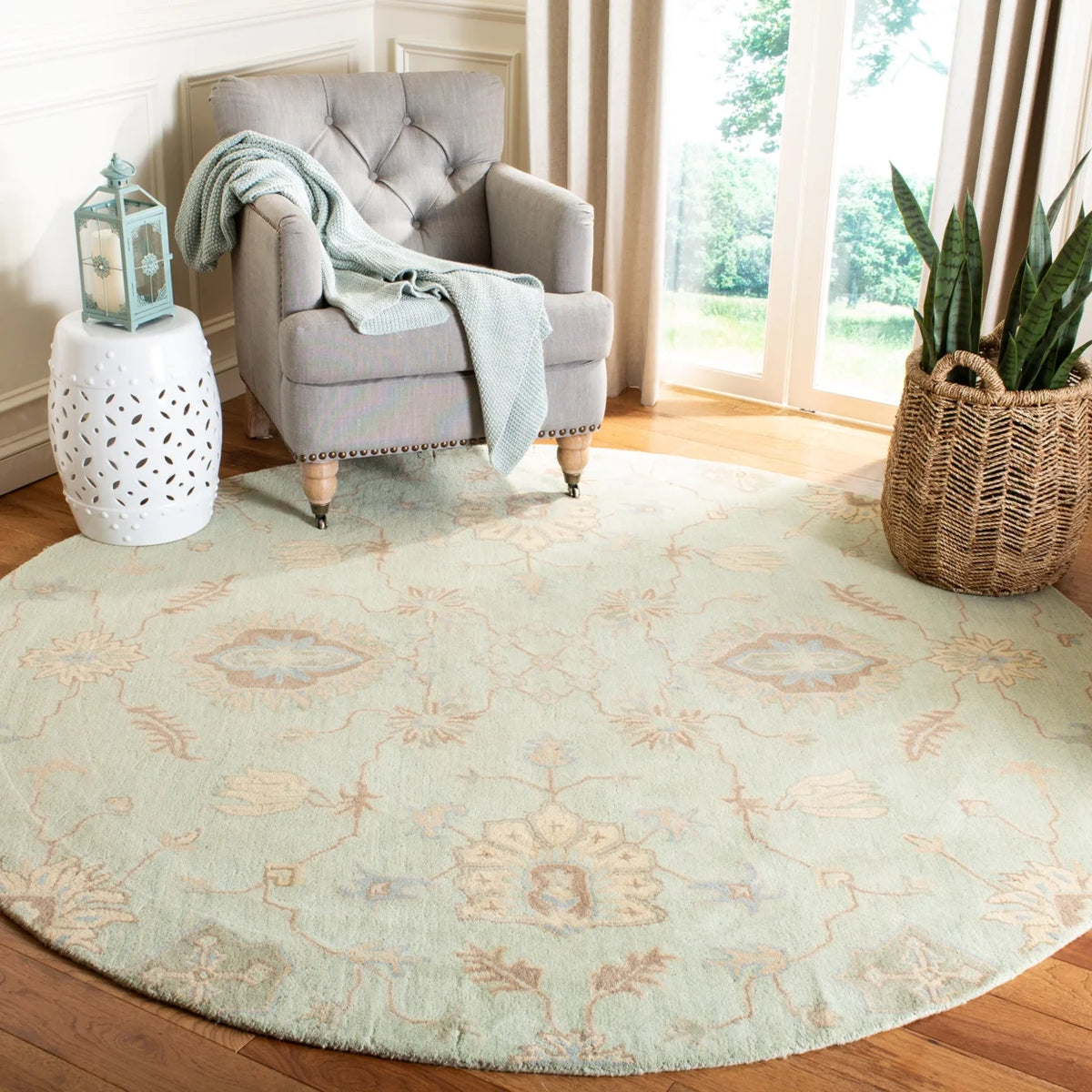 Floral Wool Area Rug, Light Green, 7' x 7' Square J327274