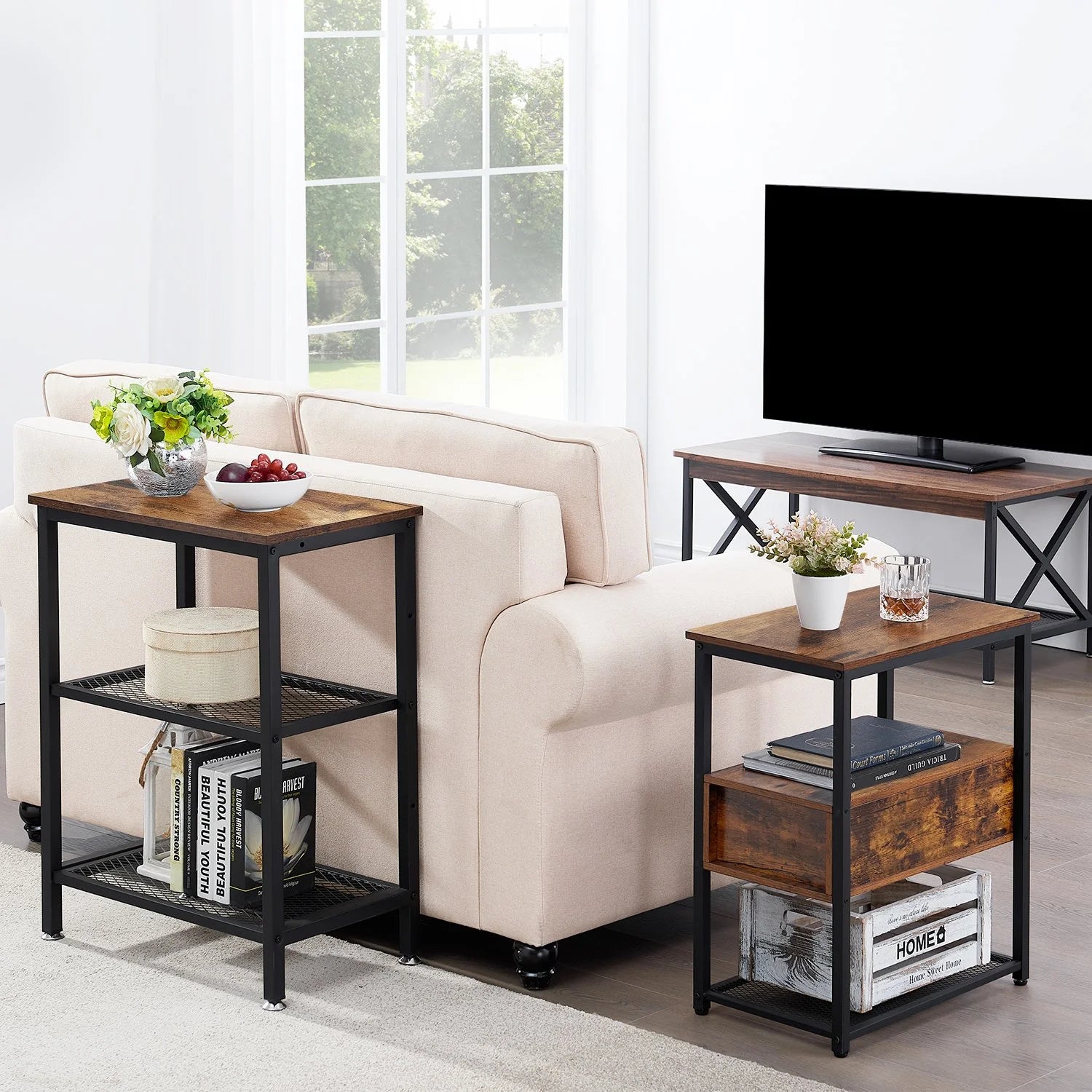 Brown 3-Tier Open Shelves Nightstand, Set of 2 F851793