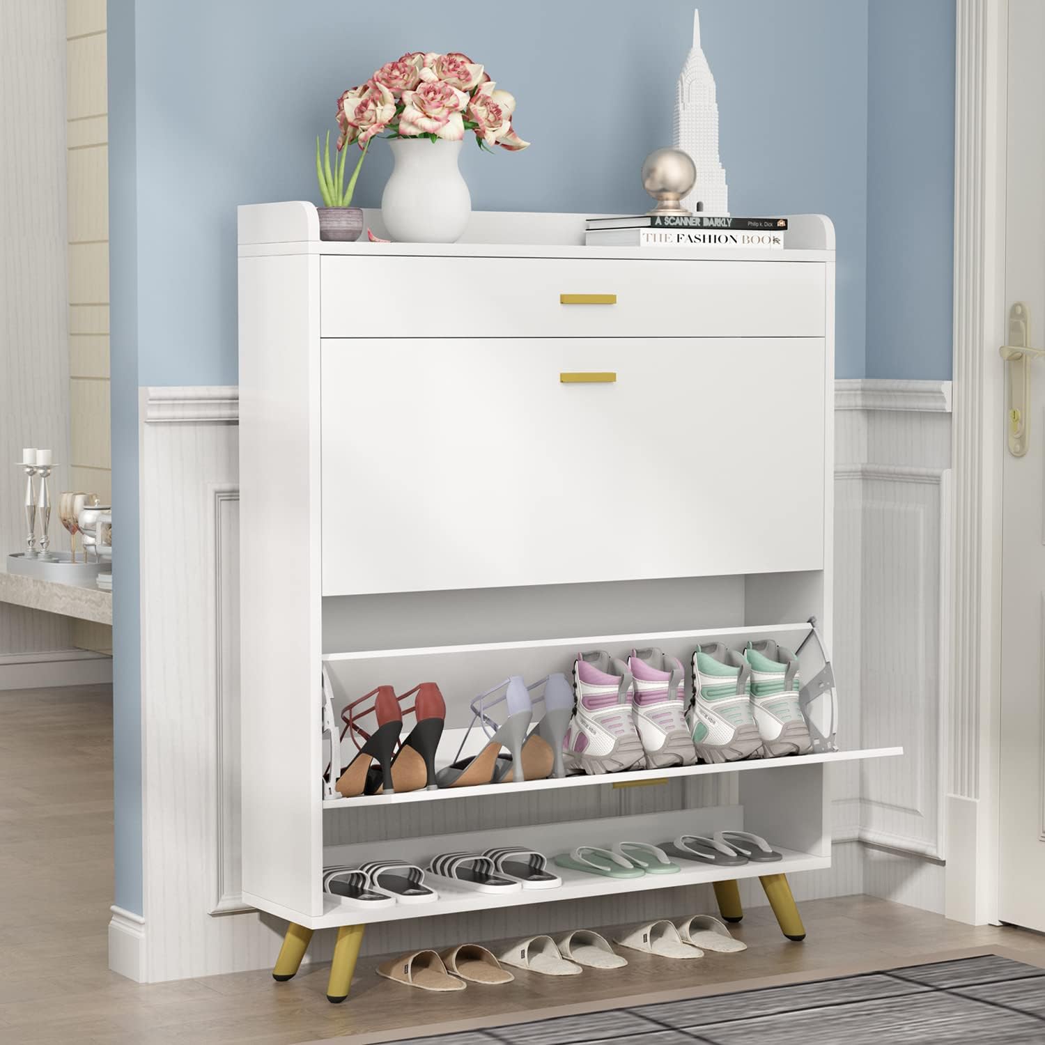 5-Tier Shoe Storage Cabinet with Drawers, White Y234050