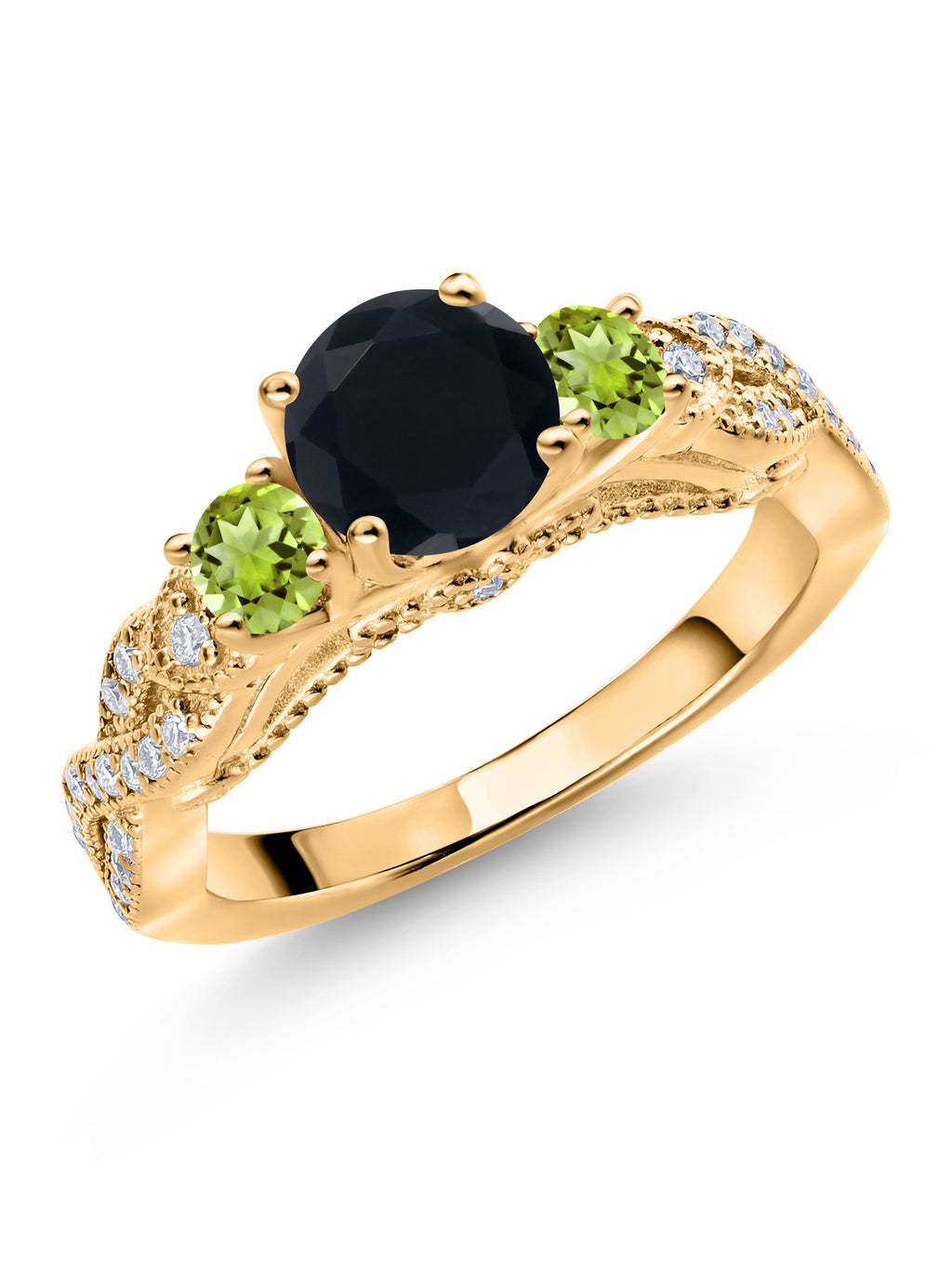 18K Yellow Gold Plated Silver Black Onyx Green Peridot White Moissanite Engagement Ring W678