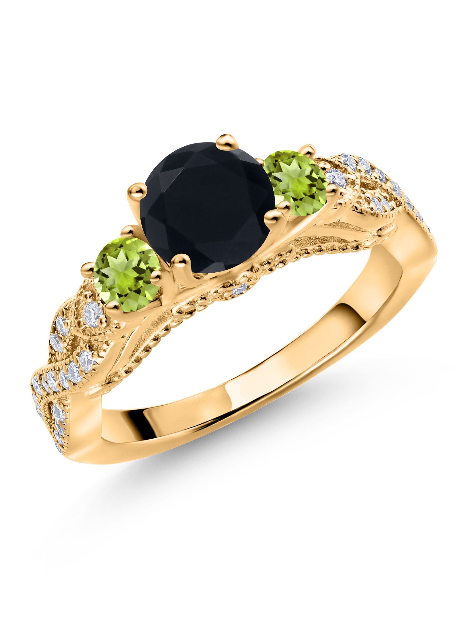 18K Yellow Gold Plated Silver Black Onyx Green Peridot White Moissanite Engagement Ring W678