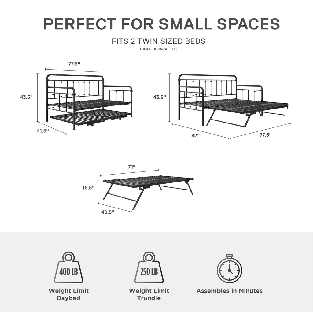 Twin Black Metal Daybed with Pop Up Trundle Bed A734