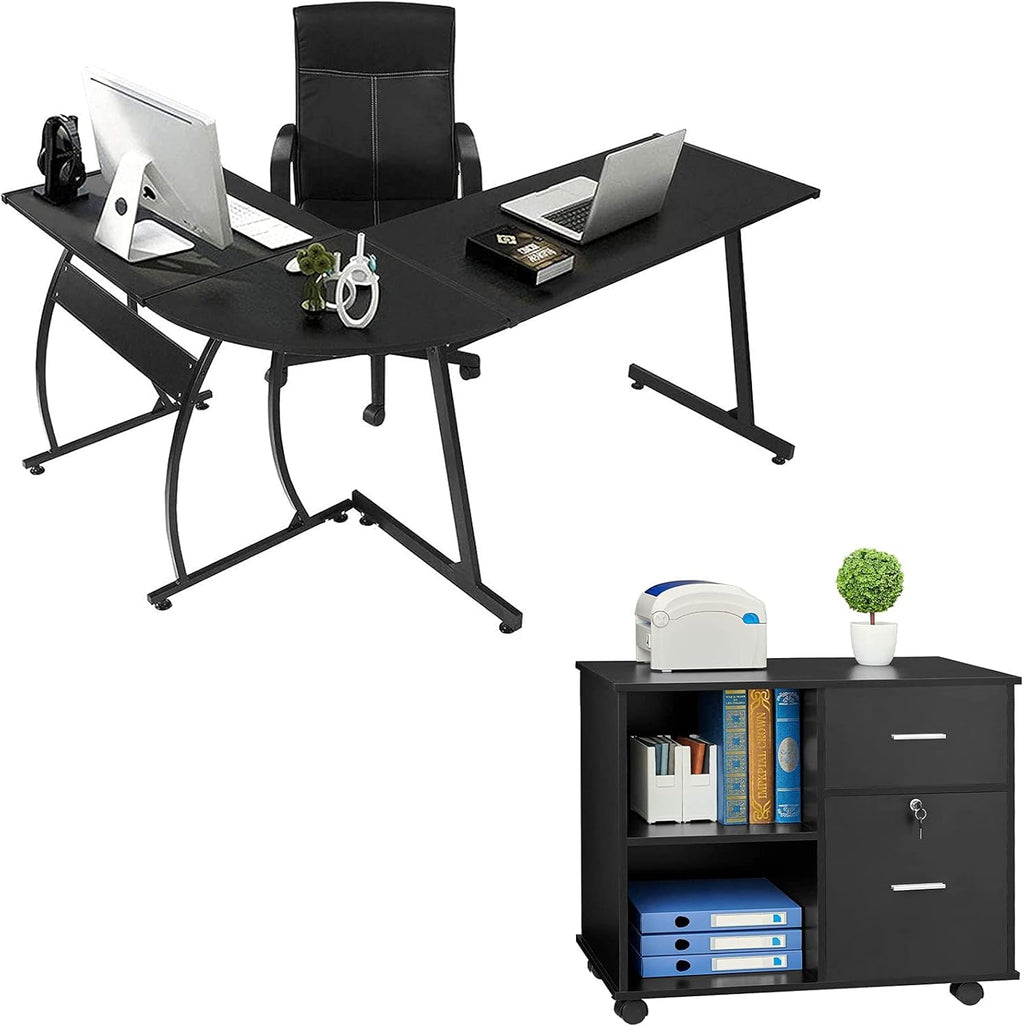 L Shaped Desk and File Cabinet with Open Storage Shelf B6004