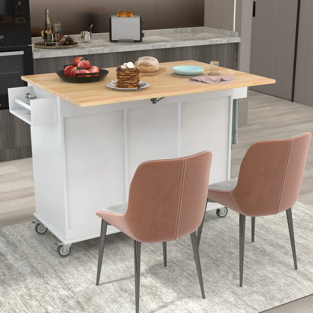 White Dining Island Cart with 2 Lockable Wheels and Drop-Leaf Tabletop G151611