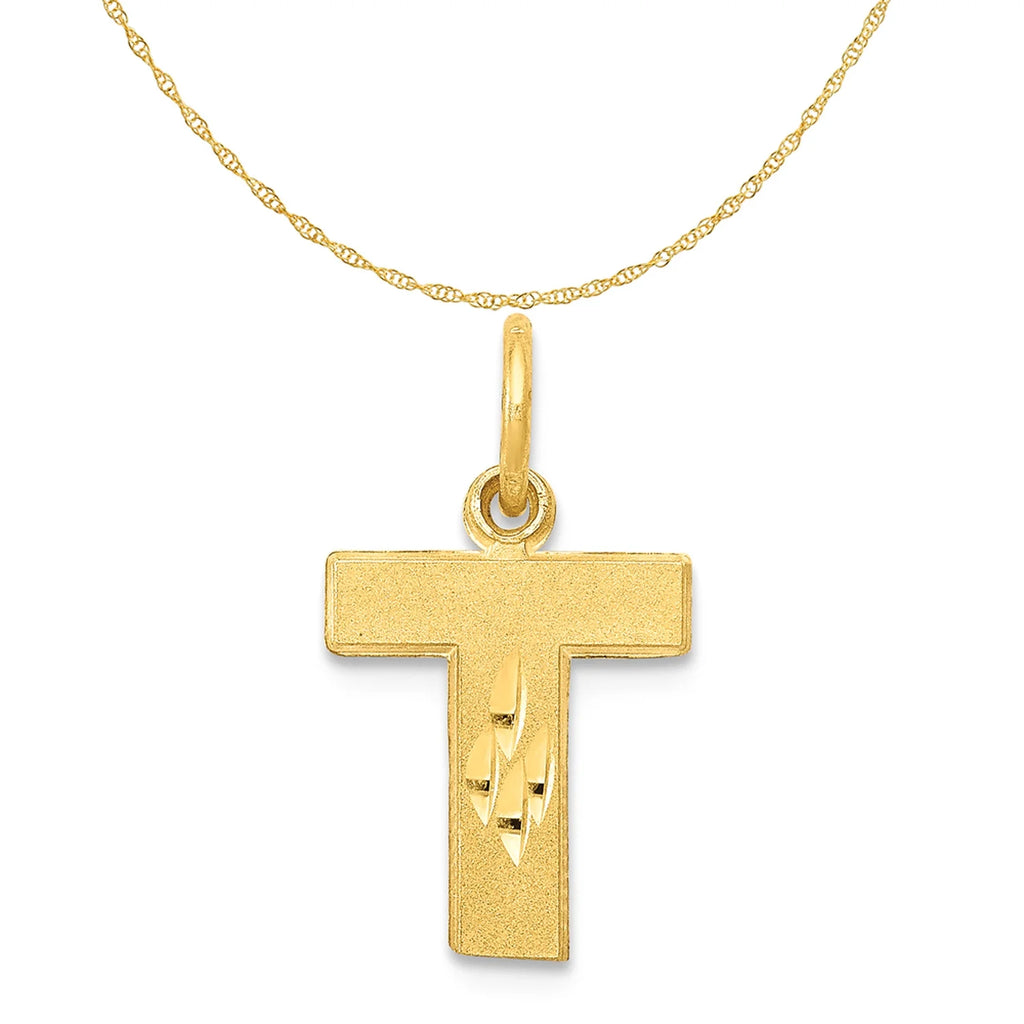 14K Yellow Gold Diamond-Cut Letter T Initial Pendant Charm with Rope Chain Necklace 18'' T851407
