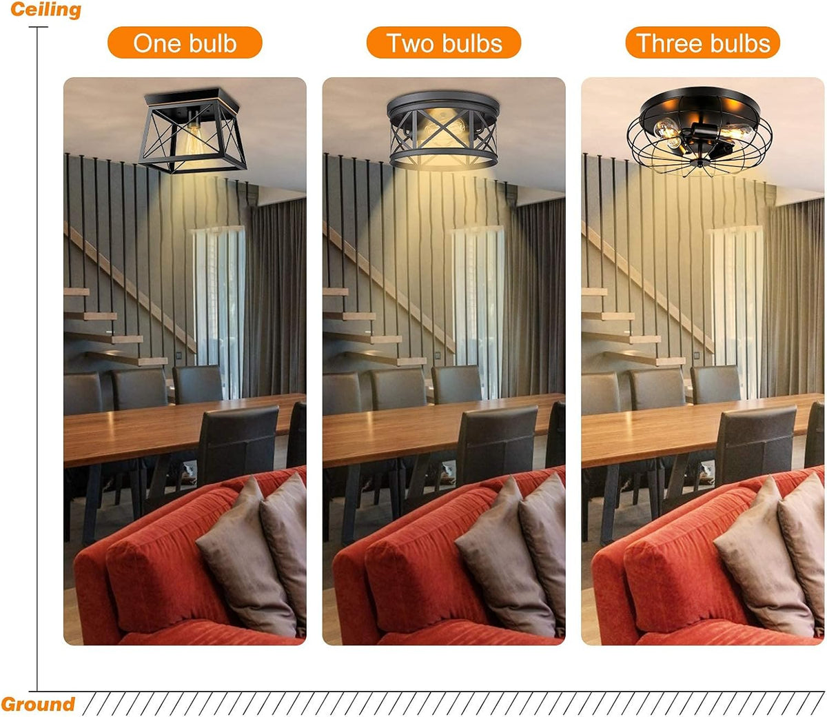3 Pack Semi Flush Mount Ceiling Light, 3 Lights Metal Cage Light Fixture W901690