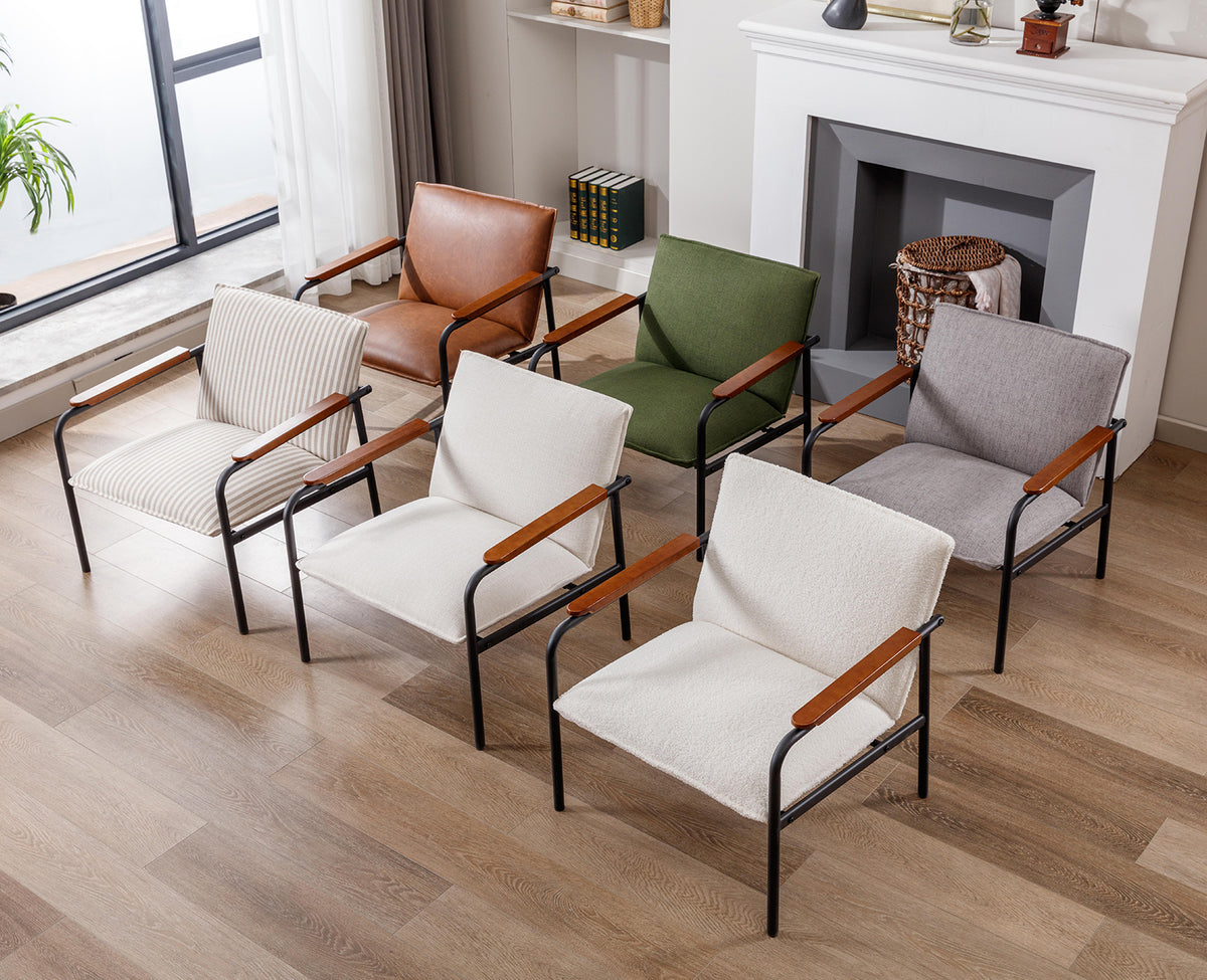 White Sherpa Armchair with Wooden Armrests and Metal Legs A526070