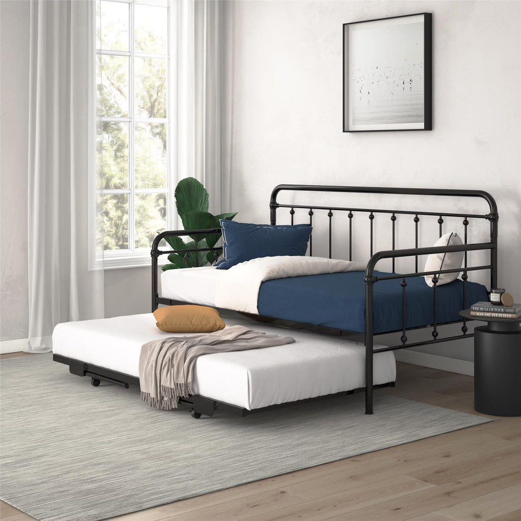 Twin Black Metal Daybed with Pop Up Trundle Bed A734