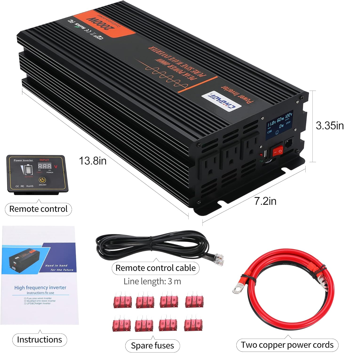 2000W Pure Sine Wave Power Inverter DC 12V to AC 120V with LCD Display Remote Control USB Port C3086