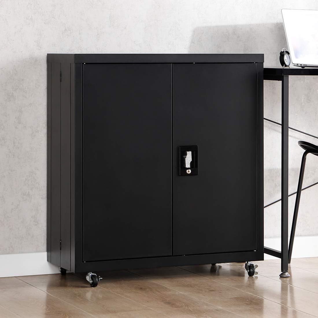 Black Metal Storage Cabinet with Lock Doors, 5 Shelves E12708