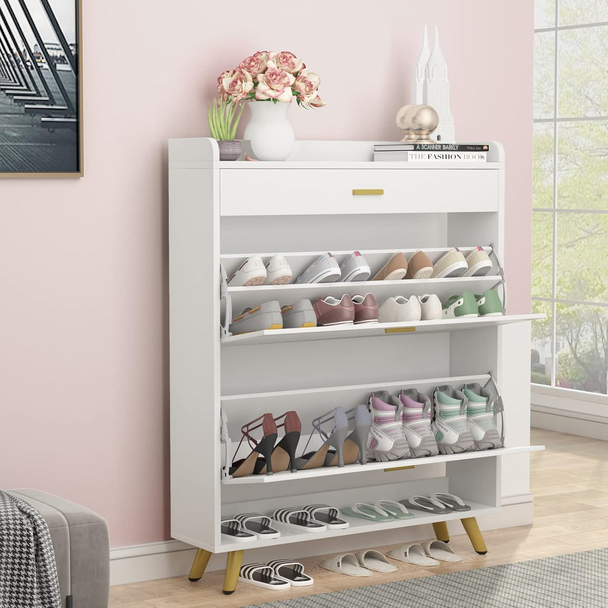 5-Tier Shoe Storage Cabinet with Drawers, White Y234050