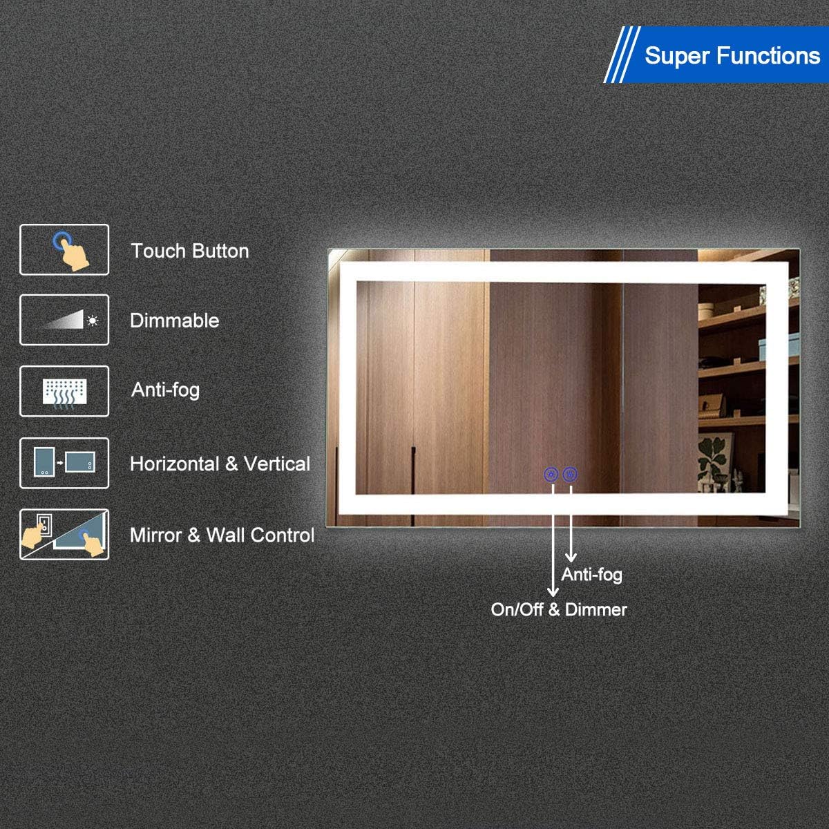 60 x 36 Inch Illuminated LED Bathroom Mirror with Smart Button, Anti Fog, Dimmable, Bluetooth Speakers V453047